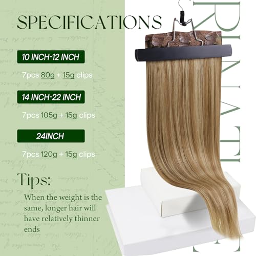RUNATURE Blonde Clip in Hair Extensions, Real Human Hair Clip in Extensions, Long Hair Extensions Clip Ins, Remy Natural Hair Add Length, 22 Inch 120g 7pcs #10P16 Dark Blonde Highlight Caramel Blonde