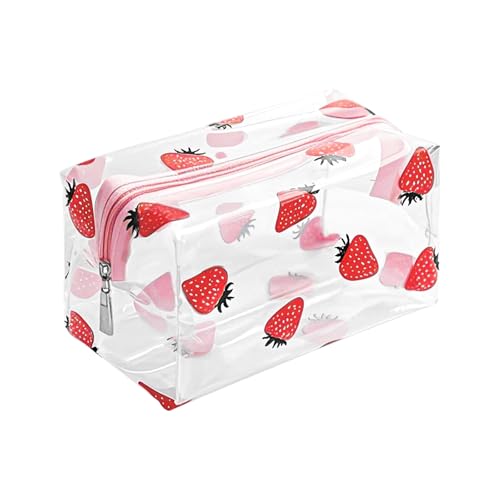 Clear Makeup Bag, Small Clear Toiletry Bag for Travel, Cosmetic Makeup Organizer Bags with Zipper, Plastic PVC Pouch Transparent Zip for Purse Reusable TSA Approved Quart Size (Strawberry)