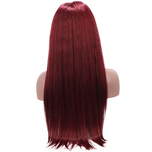 10A Glueless Pre-Plucked Natural Looking Long Straight 99J Burgundy Wine Red Wine Wig Brazilian Human Virgin Hair Lace Front Wigs with Baby Hair for Women