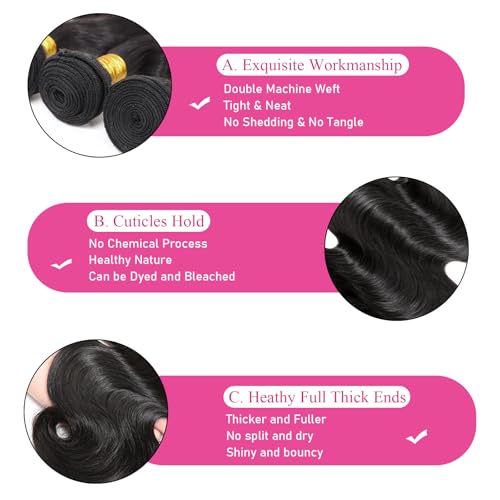 26 28 30 Inch Human Hair Bundles Body Wave Bundles Human Hair 12A Grade 100% Unprocessed Brazilian Virgin Hair Quick Weave Extensions Natural Black(26 28 30 Body Wave)