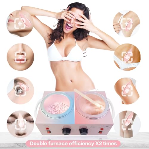 Portable Wax Warmer with Adjustable Temperature and 40 Wax Sticks - Painless Hair Removal for Women and Men (Pink-Double Pots)