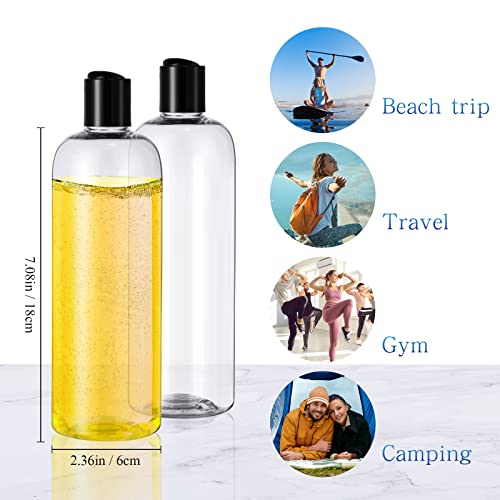 Nuenen 24 Pieces Plastic Empty Bottles Clear Squeeze Travel Containers with Black Disc Cap Refillable Shampoo Travel Bottles for Toiletries Lotion Container for Body Soap Cream(16 oz)