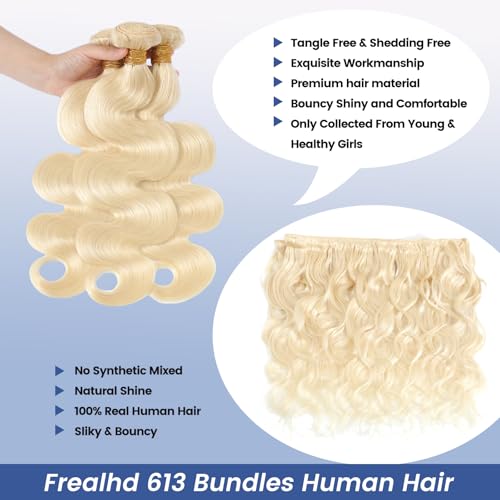 613 Blonde Bundles Human Hair Body Wave 16 inch, 16A Quick Weave Bundles Human Hair Sew in Extensions 100% Real Human Hair No Synthetic Blend, Double Weft, Triple Lifespan 3X, Can Be Dyed