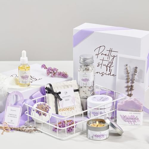 Gifts for Women Spa Gifts Lavender Bath Gift Baskets Relaxing Self Care Gift for Mom Her Sister Wife Auntie Home Bath Kit Care Package Birthday Friendship Gift Ideas