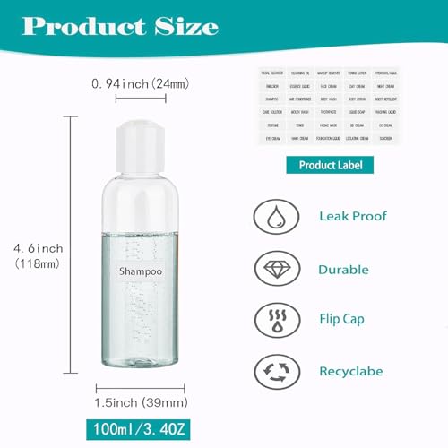 Clear Toiletry Travel Bottles, 3.4oz/100ml TSA Approved Empty Containers with Toiletry Bag - Cosmetic Kit with Labels for Shampoo, Conditioner, Lotion, and Airplane Accessories(4Pack, White)