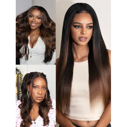 Julia Hair V Part Yaki Glueless Human Hair Wig Seamless Edge Clip in Half Wig Vpart Wigs No Sew in No Glue Ombre Chestnut Brown Upgrade U Part No Leave Out Beginner Friendly 22 Inch
