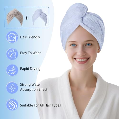 2 Packs Single Layer Microfiber Hair Turbans - Drying Wrap for Women (Blue,Gray)