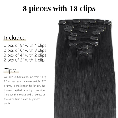 ABH AMAZINGBEAUTY HAIR Clip in Hair Extensions Real Human Hair Clip Extensions Real Human Hair Clip ins Black Silky and Soft Full Head Clip ins Human Hair Jet Black #1 Color 8 Pcs 14inch 120g