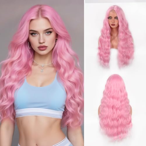 Long Wavy Pink Wig for Women 28 Inch Middle Parted Dream Pink Curly Wig Natural Looking Heat Resistant Fiber Synthetic Wig for Daily Party Halloween Cosplay Use