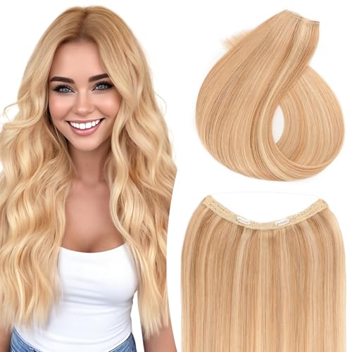 TESS Human Hair Extensions Halo Remy Hair 22 Inch Straight Adjustable Invisible Wire Easy to Use Clip in, Flax Yellow mixed Light gold
