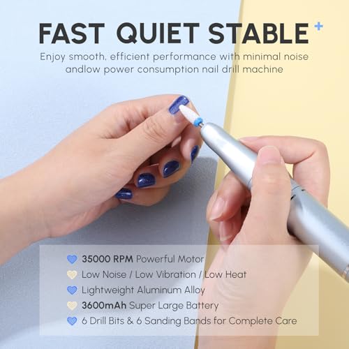 Aokitec Portable Nail Drill Professional - 35000RPM Electric Rechargeable Nail Drill Machine with Drill Bits Sanding Bands E File Kit for Acrylic/Gel Nails Removal Manicure Pedicure Kit, Blue