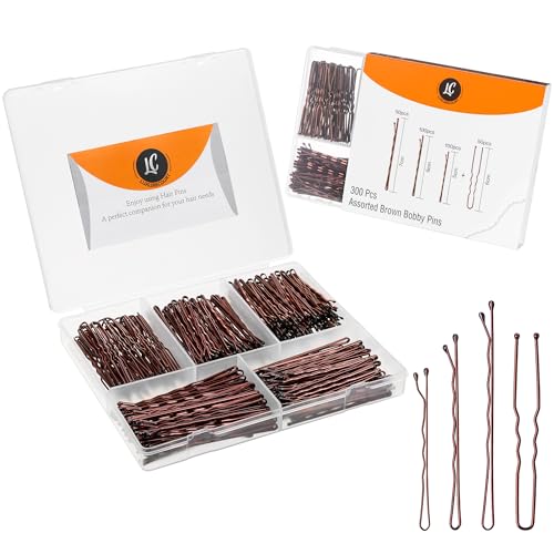 300 Pack Brown Bobby Pins Set by Luxurecourt, 3 Assorted Sizes of Large and Small Premium Bobby Pins + Regular Size U Shaped Hair Pins for Buns, Updo Style - Nonslip with Rounded Ends.