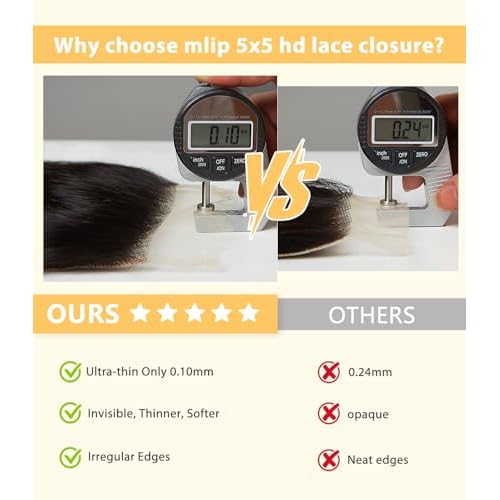 Mlip 2x6 HD Lace Closure Body Wave, 0.10mm Ultra Thin Invisible Swiss Lace, Skinlike Real HD Lace Melt into Skin Perfectly, Pre-plucked Natural Hairline, Raw Indian Human Hair 14 Inches