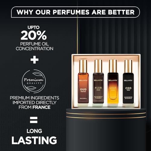 Bella Vita Luxury Long Lasting Perfume Gift Set for Man | 4x20ml | Gifts for Men | Woody, Citrusy, Oud, Premium Fragrance Scent | KLUB, OUD, CEO, G.O.A.T