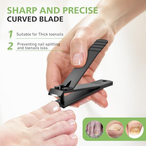 BALUCA Curved Toenail Clipper for Thick Nails, Heavy Duty Stainless Steel Toe Nail Clippers for Seniors, Men & Women, Stainless Steel Nail Cutter for Accurate Trimming and Grooming (All Black)