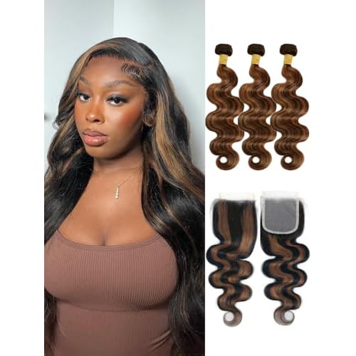FB30 Brown Highlight Bundles with Closure Human Hair 18 20 22+18 Inch, Ombre Body Wave 3 Bundles with 4x4 HD Transparent Lace Closure 12A Unprocessed Soft Remy Hair Balayage Hondy Blonde Color