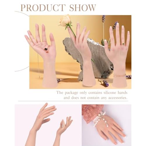 KUMIHO Realistic Silicone Female Hand Model Fake Hand for Jewelry Display Tattoo Training Practice Art Sketch with Nails, 1 Pair -with Skeleton, Brown