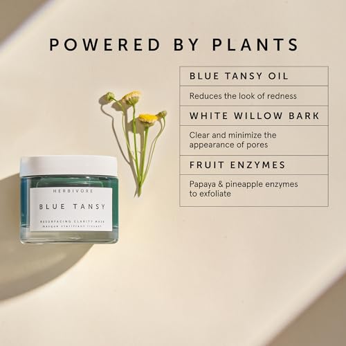 HERBIVORE Blue Tansy BHA & Enzyme Pore Refining Mask - Naturally Clarifies Acne, Blemishes & Redness, Vegan & Cruelty-Free, 60 mL / 2.02 oz