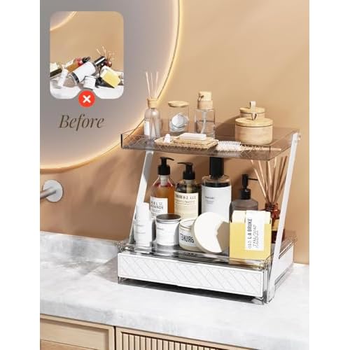 Z-Shaped Bathroom Countertop Organizer ? 2-Tier Vanity Organizer with Sliding Tray & Drawer for Skincare, Makeup & Perfume ? Acrylic Storage for Dresser, Office or Desk