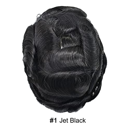 Mens Toupee Full Poly Skin Hair System For Men Inject PU Human Hair Replacement Toupee For Men Hair Wig 8"X10" #1 Jet Black-120% Medium Light to Medium Density