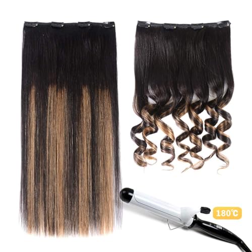 5 Pieces 22" Remy Clip in Hair Extensions Human Hair Natural Black to Chestnut Brown Highlight Ombre - Silky Straight Short Thick Real Hair Extensions for Women (22 inches, (1BT6) P1B, 110grams)