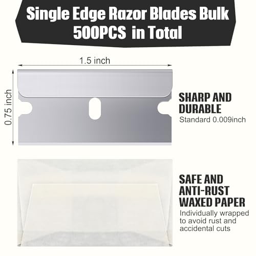 Lasnten 500 Pcs Single Edge Razor Blades, Industrial Scraper Razor Blades Safety Straight Edge Replacement Box Cutter Blade for Glass Paint Scraper, Removing Labels, Decals, Stickers