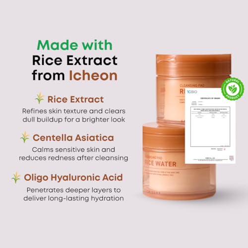 Rice Water Cleansing Pads ? Makeup Remover Wipes & Korean Toner Pads with Centella Asiatica, Exfoliating for Blackhead Removal & Pore Minimizer, 50 Pad