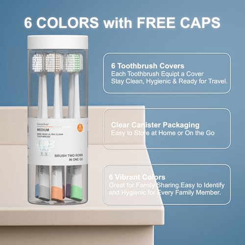Medium Toothbrushes for Adults with Wide Head and Spiral Bristles, Whitening Toothbrush with Tongue & Cheek Cleaner, Travel Toothbrush with Cover and Canister Packaging, Multi-Color, 6 Count