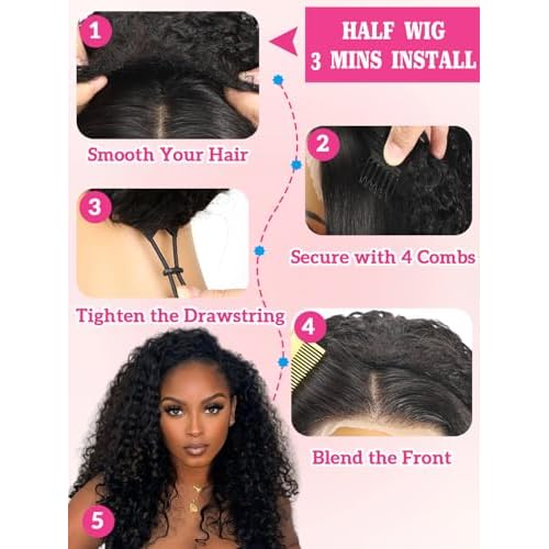 yosly Half Wig Human Hair Water Wave Glueless Wigs Curly Half Wig 3 In 1 Adjustable Drawstring Seamless Flip Over Invisible Hairline Wear Go Beginner Friendly Curly Half Wigs for Women 24 Inch