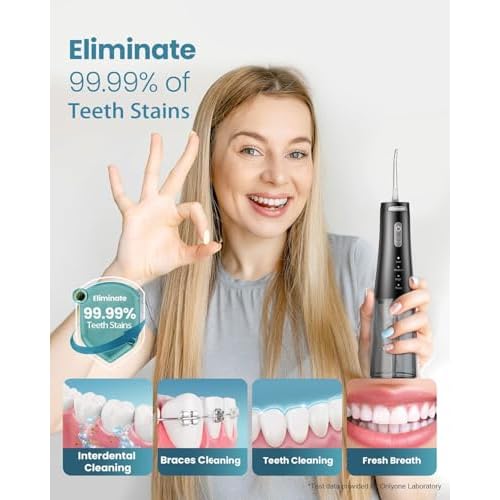 Onlyone Water Dental Flosser, 300ML Portable Oral Irrigator for Teeth, 4 Modes and 5 Jet Tips,Rechargeable Irrigation Cleaner,Electric Flossing Machine Power Flossers & Irrigator Accessories Black