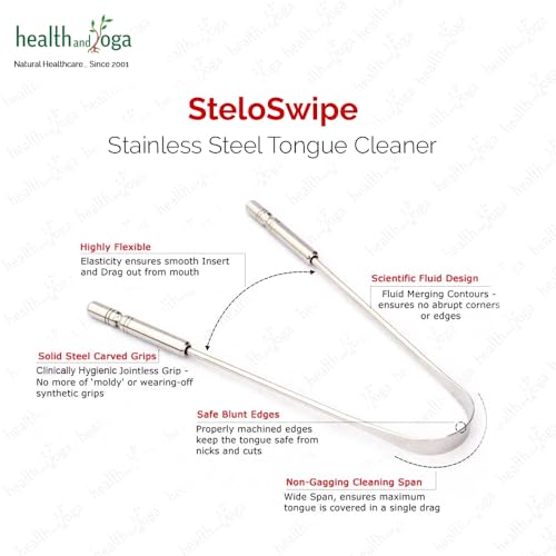 HealthAndYoga¢â Tongue Cleaner Scraper with Storage Bag - Hygienic, Surgical Grade, Non-Synthetic Grip ? Sterilizable Tongue Brush Cleaner (Surgical Steel - 1 Pack)