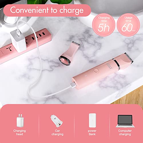 Electric Bikini Trimmer for Women - 2 in 1 Electric Lady Pubic Hair Groomer Painless Hair Removal Razor Body Shaver, Portable Ladies Shaver with 2 Trimmer Heads, IPX7 Waterproof
