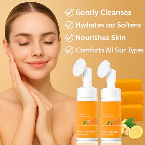 Turmeric Wash and Care 2 Piece Set ? 2 bottles turmeric face wash with brush + 3 Pack Cleansing Soap Bars for Face and Body, Turmeric Face Wash and Soap Combo for All Skin Types