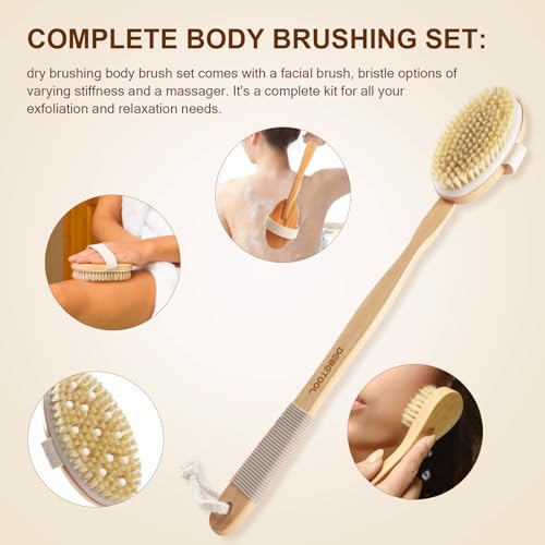 Dry Brushing Set - Natural Boar Bristle Body & Face Brush, Wooden Long Handle Scrub Brush for Cellulite & Lymphatic Drainage, Detachable, 3 Brush Heads