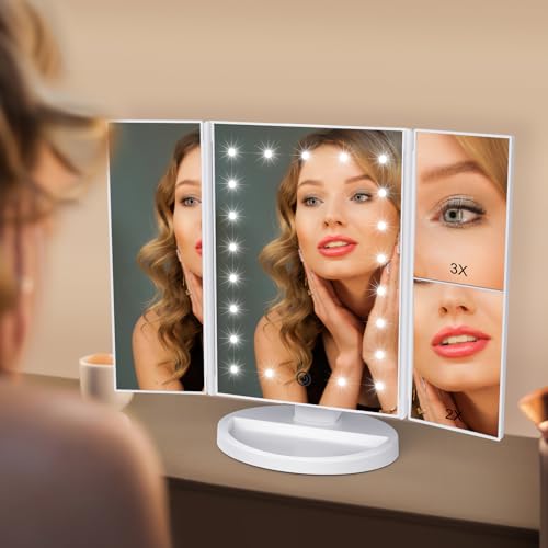 WEILY Makeup Vanity Mirror with 21 LED Lights and Touch Screen, Tri-Fold 1x 2X 3X Magnification,180¡Æ Adjustable Rotation and USB Powered,Countertop Cosmetic Mirror (White)