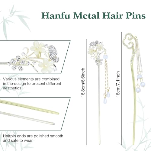inSowni 8 Pieces Vintage Retro Asian Chinese Hanfu Gold Metal Hair Sticks Pins with Pearl Pendants Bamboo Leaf Flower Fishtail Hair Chopsticks Forks Bun Updo Holders Long Hairpins for Women Girls