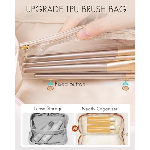 Vlando Travel Makeup Bag,Brown Leather Make up Bag,Portable Toiletry Bag with Divider and Handle,Gifts for Women (Brown)
