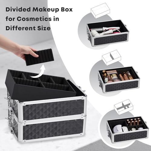 Rolling Makeup Train Case, 4-in-1 Cosmetology Case on Wheels, Nail Tech Cart for Travel, Professional Cosmetic Vanity Case, Suitcase for MUA/Manicure/Tattoo/Style, Lockable Storage Box, Black
