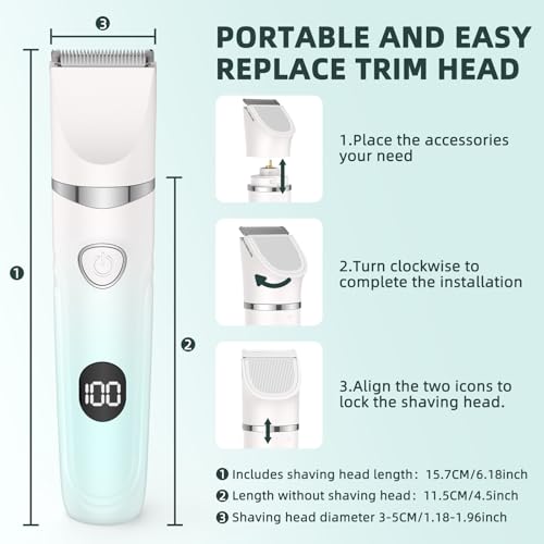 Bikini Trimmer for Women,3-in-1 Electric Shaver for Women,Rechargeable Painless Pubic&Facial Razor for Sensitive Skin,Lip,Arms,Legs with LED Display (Gradient Green)