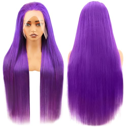 30 Inch Dark Purple Lace Front Wigs Human Hair 200% Density 13x6 Straight Lace Front Wigs Human Hair Colored Pre Plucked Purple Lace Frontal Wig with Baby Hair Natural Hairline