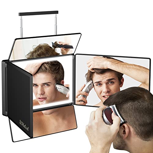 UHdod 5 Way Mirror for Hair Cutting with LED Light, 360¡Æ Barber Mirrors with Adjustable Height Brackets, Makeup Mirror for Self Cut, Shaving, Grooming, Good Gifts for Men Women