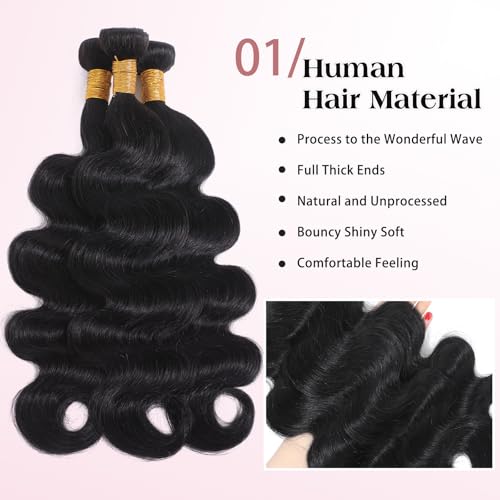 Body Wave Bundles 12A Human Hair 28inch One Bundle 100% Unprocessed Brazilian Virgin Body Wave Human Hair Bundles for Black Women Natural Black