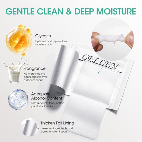GELLEN Nail Cleanser Pads, 200 Pack Alcohol Prep Pads Nail Cleanser Wipes Remove Tacky Residue, Lint-free Glossy Wipes for Acrylic/Builder/Gel Polish Travel Individually Wrapped for Perfect Manicure