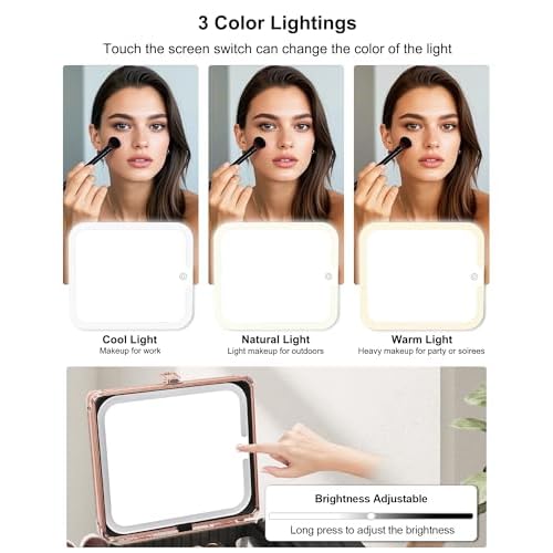 Relavel Makeup Bag with LED Mirror, Makeup Box Travel Train Case with Rechargeable Lighted Mirror, Cosmetic Brush Organizer Storage for Makeup Artists Gifts for Women and Girls, Rose Gold