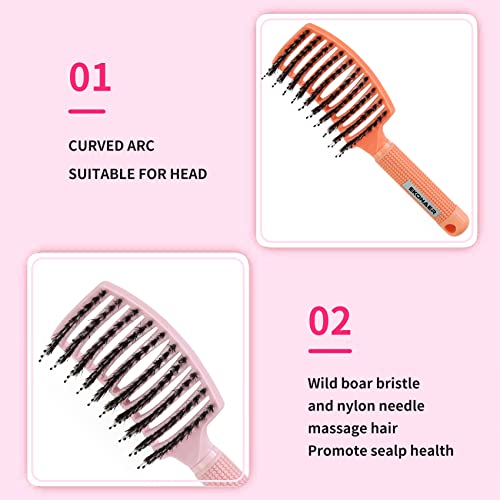 3 Pack Vented Quick Drying Massage Blow Detangler Brush,Boar Bristle Hair Brush Set-Curved,Detangling Hair Brush for Women Long,Thick, Thin, Curly(Green)