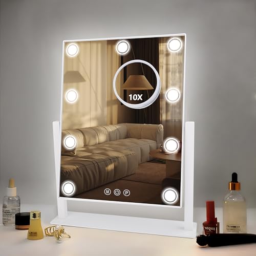 Lighted Makeup Mirror, 14"x 12" Hollywood Vanity Mirror with 9 LED Bulbs, 3 Color Lights, and Detachable 10X Magnification Mirror, 1200mAh Rechargeable, Touch Control, 360¡ÆRotation (White)