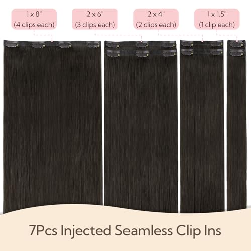 HOTBANANA Invisi Edge Clip in Hair Extensions, 16inch 130g Injected Seamless Clip in Extensions 7Pcs Dark Brown Real Human Hair PU Hair Extensions