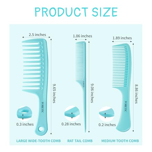 Hair Comb 3-in-1 Plastic Hair Comb Set For Women, Men - Wide Tooth, Rat Tail, and Regular Tooth Detangling Hair Combs for All Hair Types-Blue