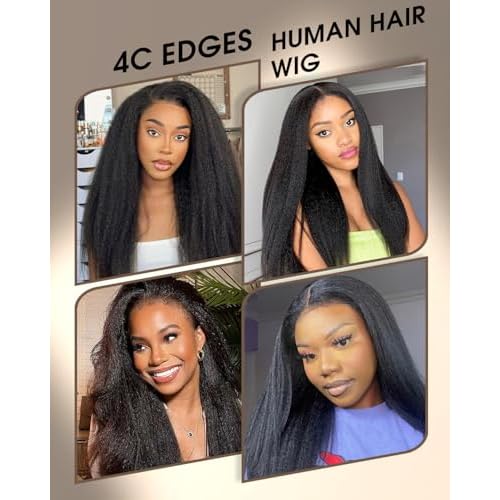 MENTOR 4C Edges Kinky Straight Lace Front Wigs Human Hair Yaki Stairght 13x4 HD Transparent Lace Frontal Kinkystraight Wigs with Curly Edges Hairline Pre-Plucked 180% Density 22 inch
