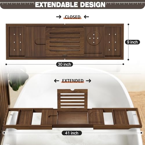 Wooden Bathtub Tray for Luxury Bathroom, Expandable Premium Teak Bath Tray, Adjustable Bath Accessories for Tub, as Unique Housewarming, Holiday, Birthday Gifts